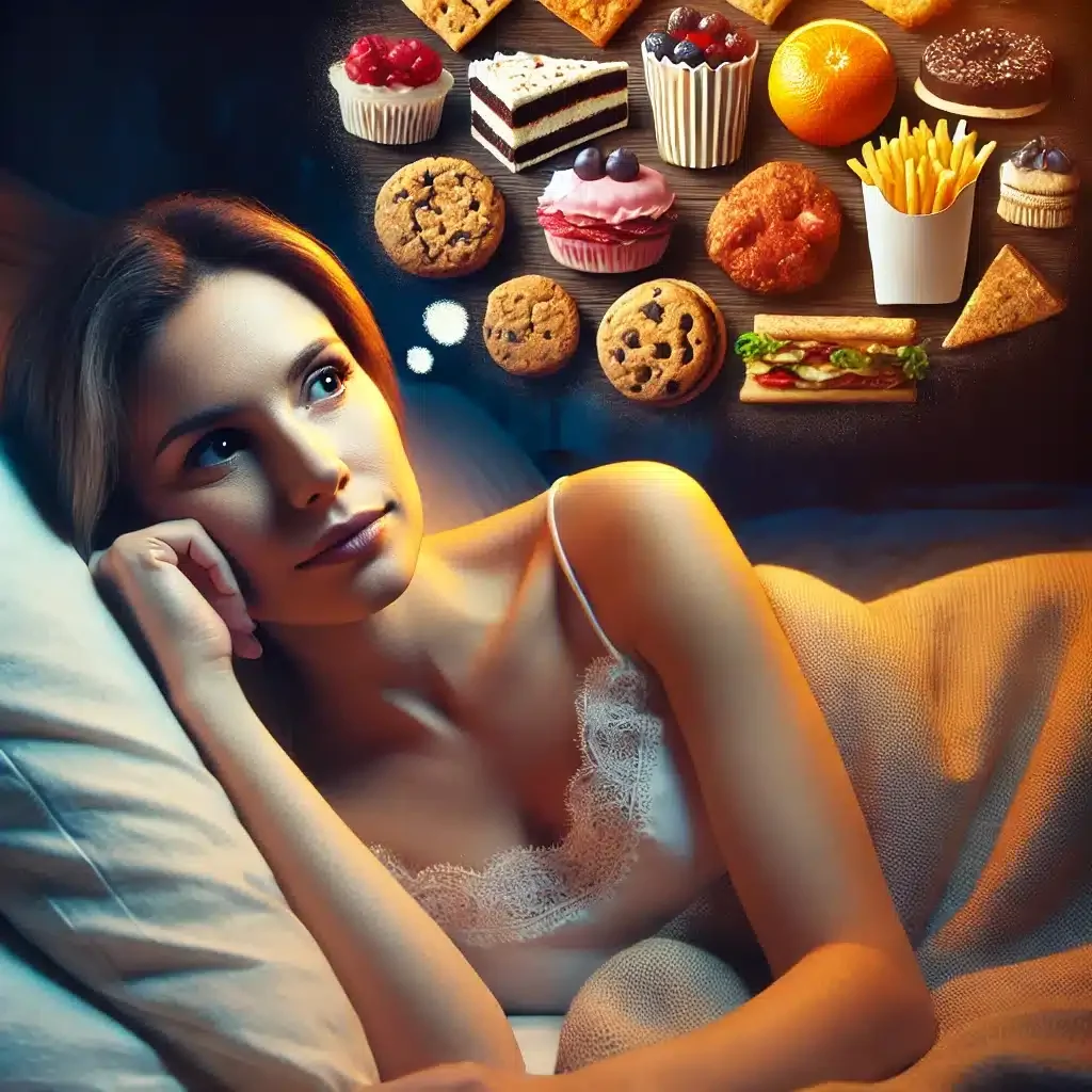 DALL·E 2025 01 20 10.57.43 A realistic and warm toned image of a woman lying awake in bed at night with a thoughtful and slightly stressed expression as dream like images of f